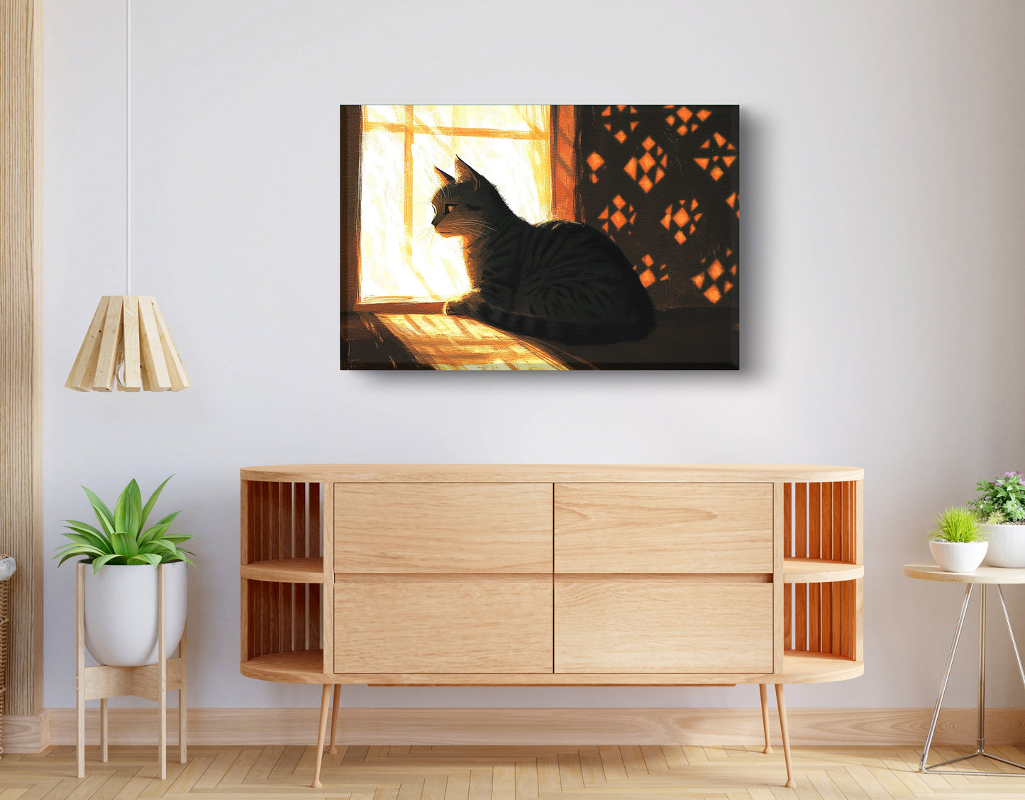 Black Cat Window Light African American canvas print displayed as living room wall decor
