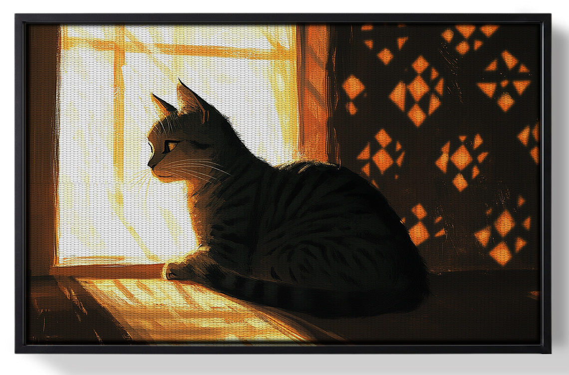 Framed Black Cat Window Light African American canvas print for home decor