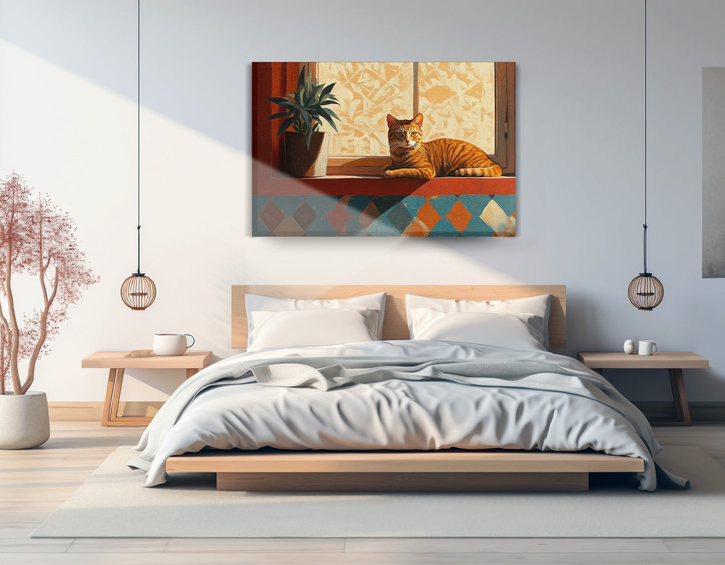 Orange Cat Houseplant African American canvas print displayed as bedroom wall decor