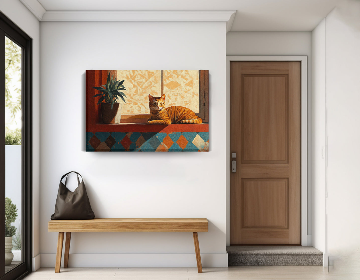 Orange Cat Houseplant African American canvas print displayed as entryway wall decor