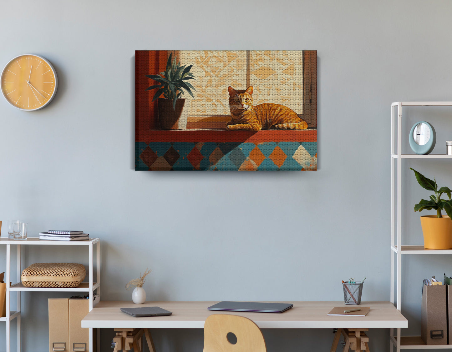 Orange Cat Houseplant African American canvas print displayed as office wall decor
