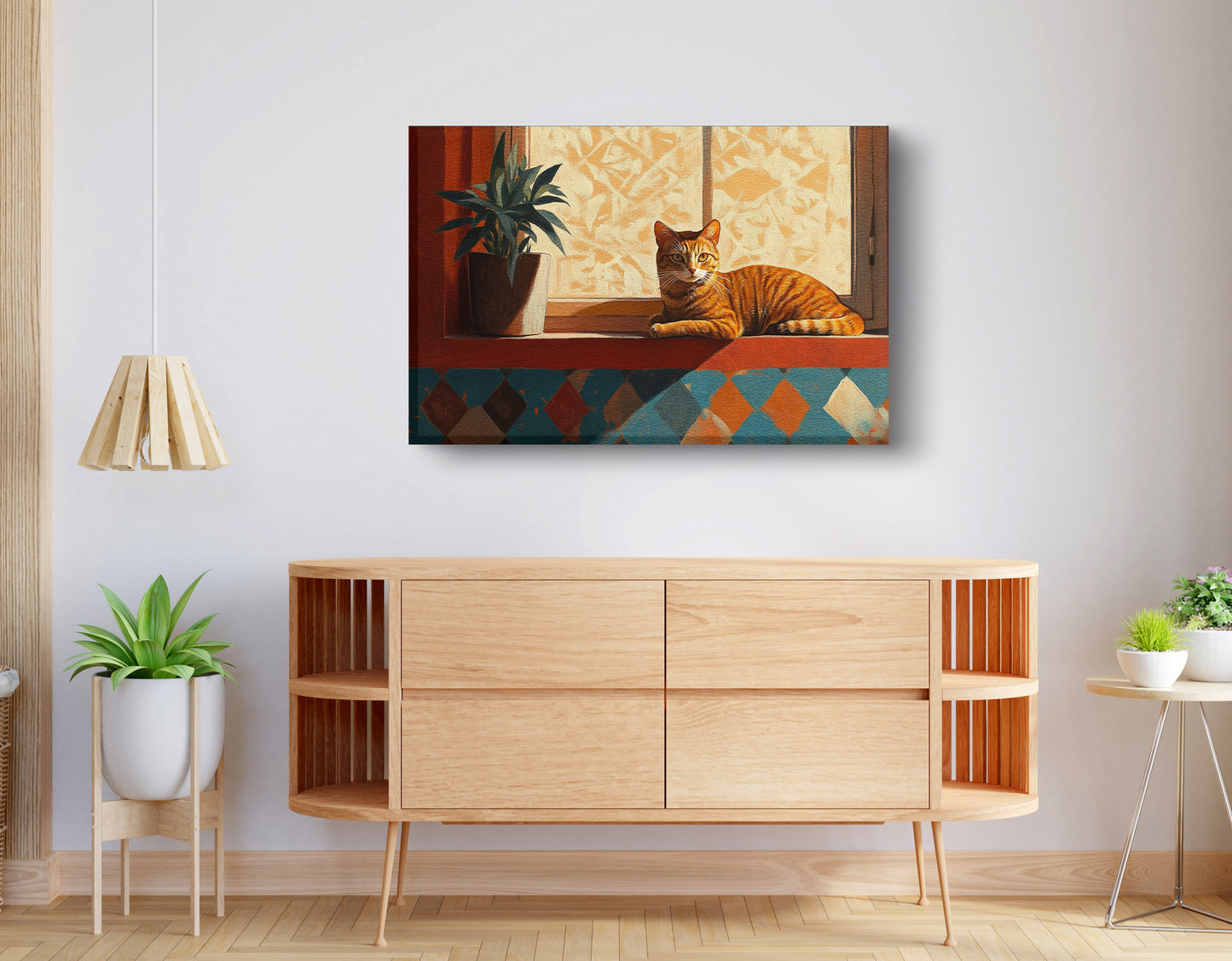 Orange Cat Houseplant African American canvas print displayed as living room wall decor