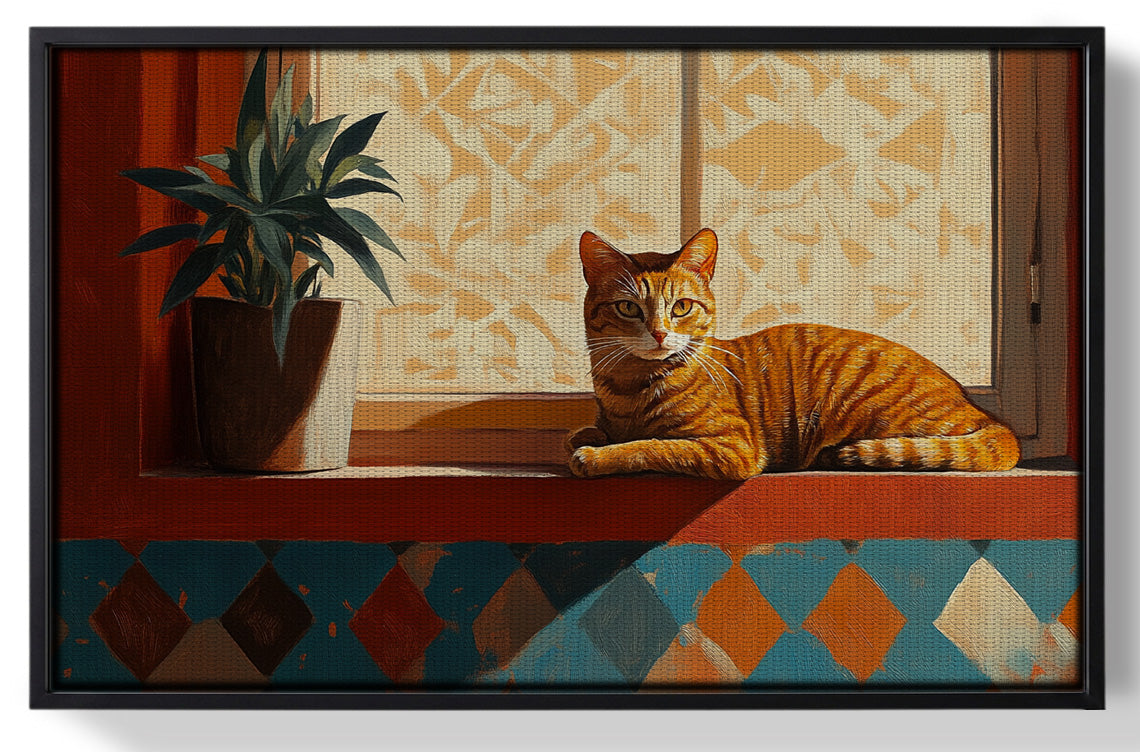 Framed Orange Cat Houseplant African American canvas print for home decor
