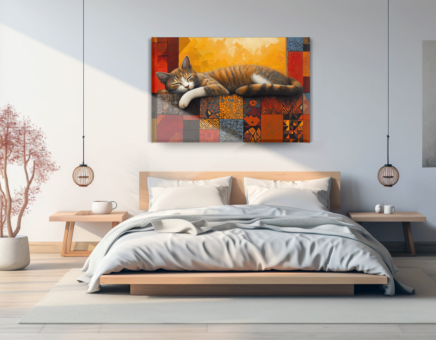 Sleeping Cat Quilt African American canvas print displayed as bedroom wall decor