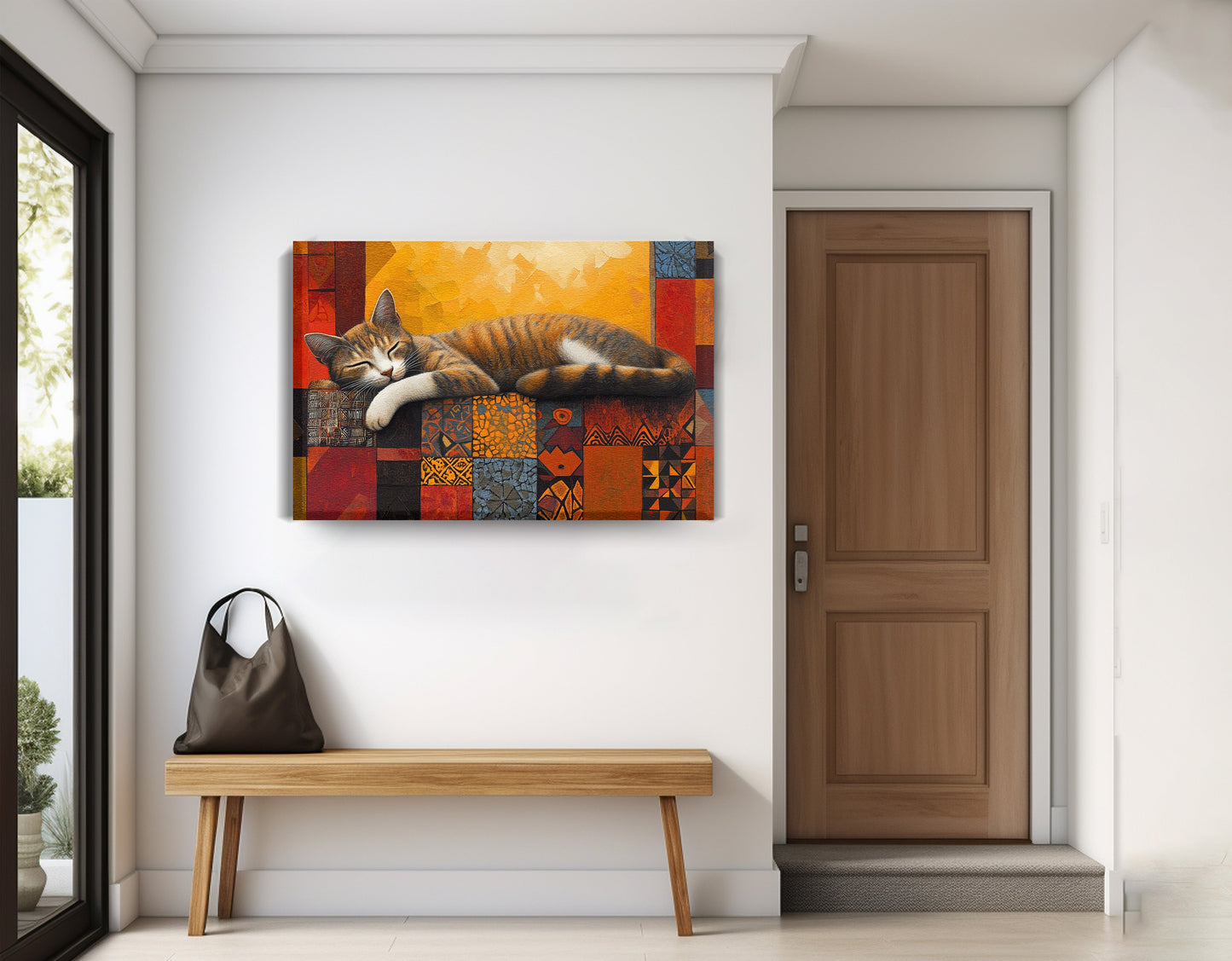 Sleeping Cat Quilt African American canvas print displayed as entryway wall decor