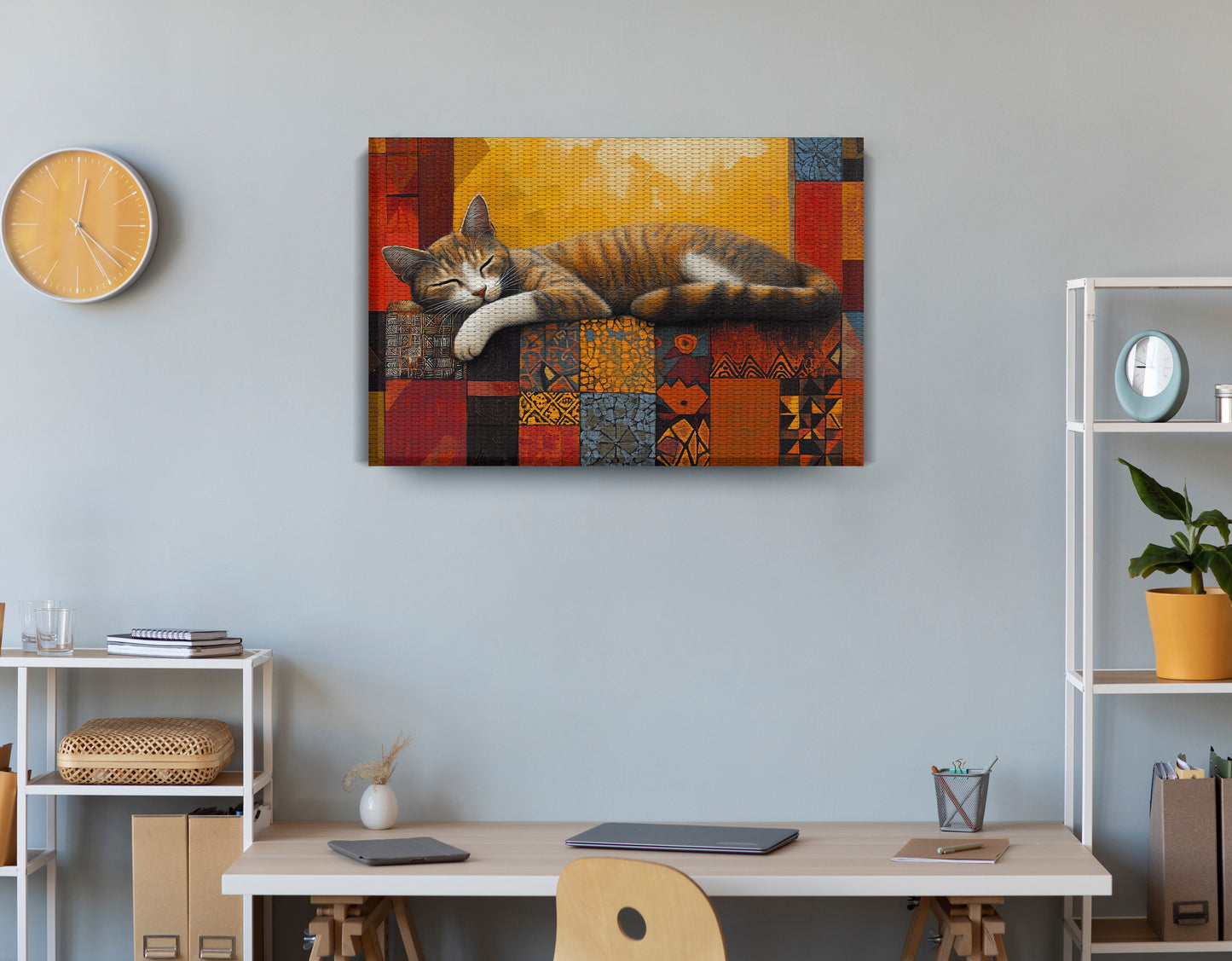 Sleeping Cat Quilt African American canvas print displayed as office wall decor