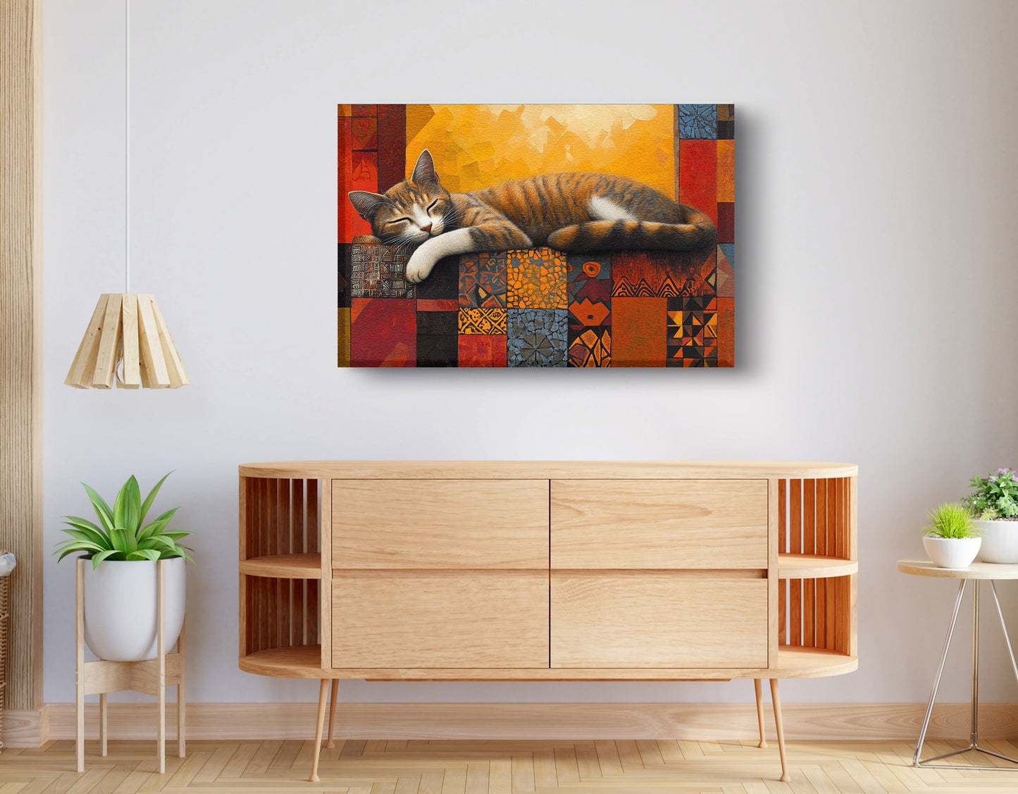 Sleeping Cat Quilt African American canvas print displayed as living room wall decor