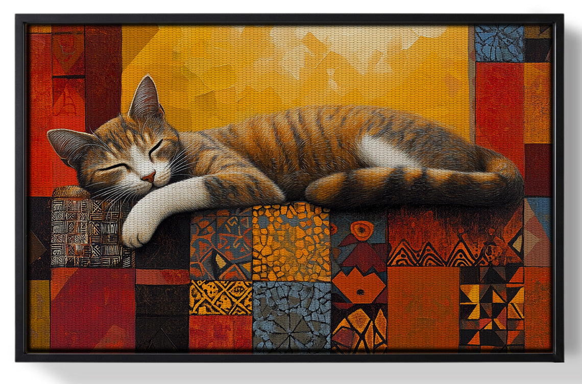Framed Sleeping Cat Quilt African American canvas print for home decor