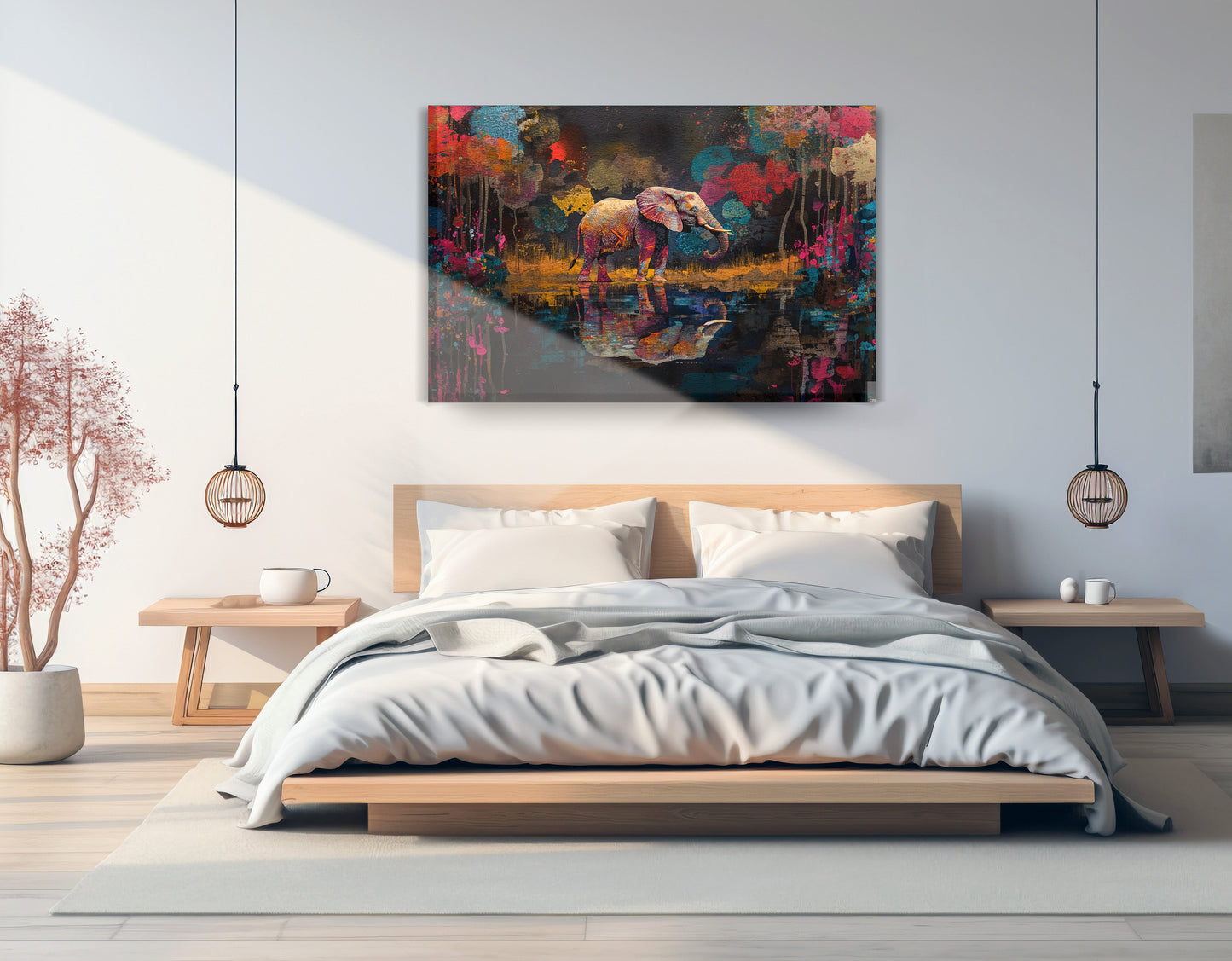 Elephant River Reflection African American canvas print displayed as bedroom wall decor