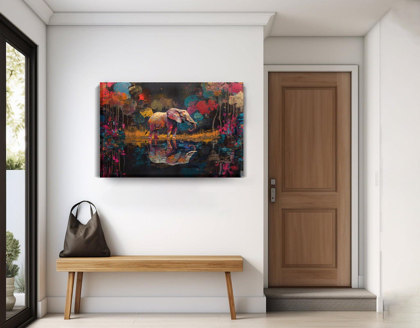 Elephant River Reflection African American canvas print displayed as entryway wall decor