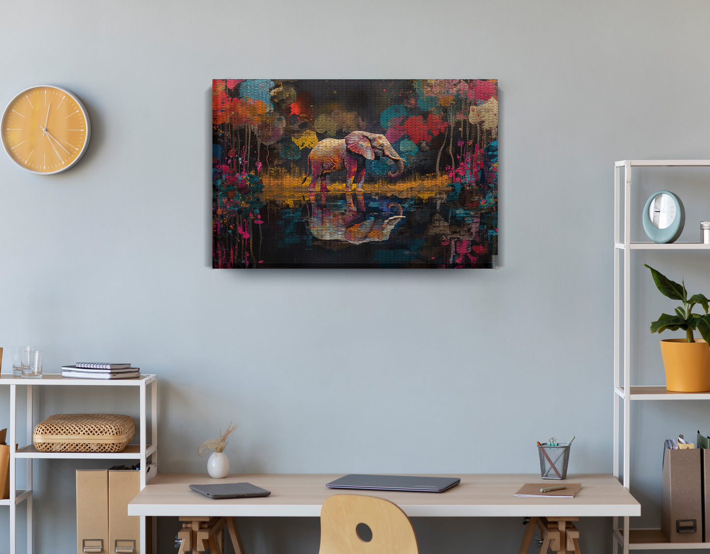 Elephant River Reflection African American canvas print displayed as office wall decor