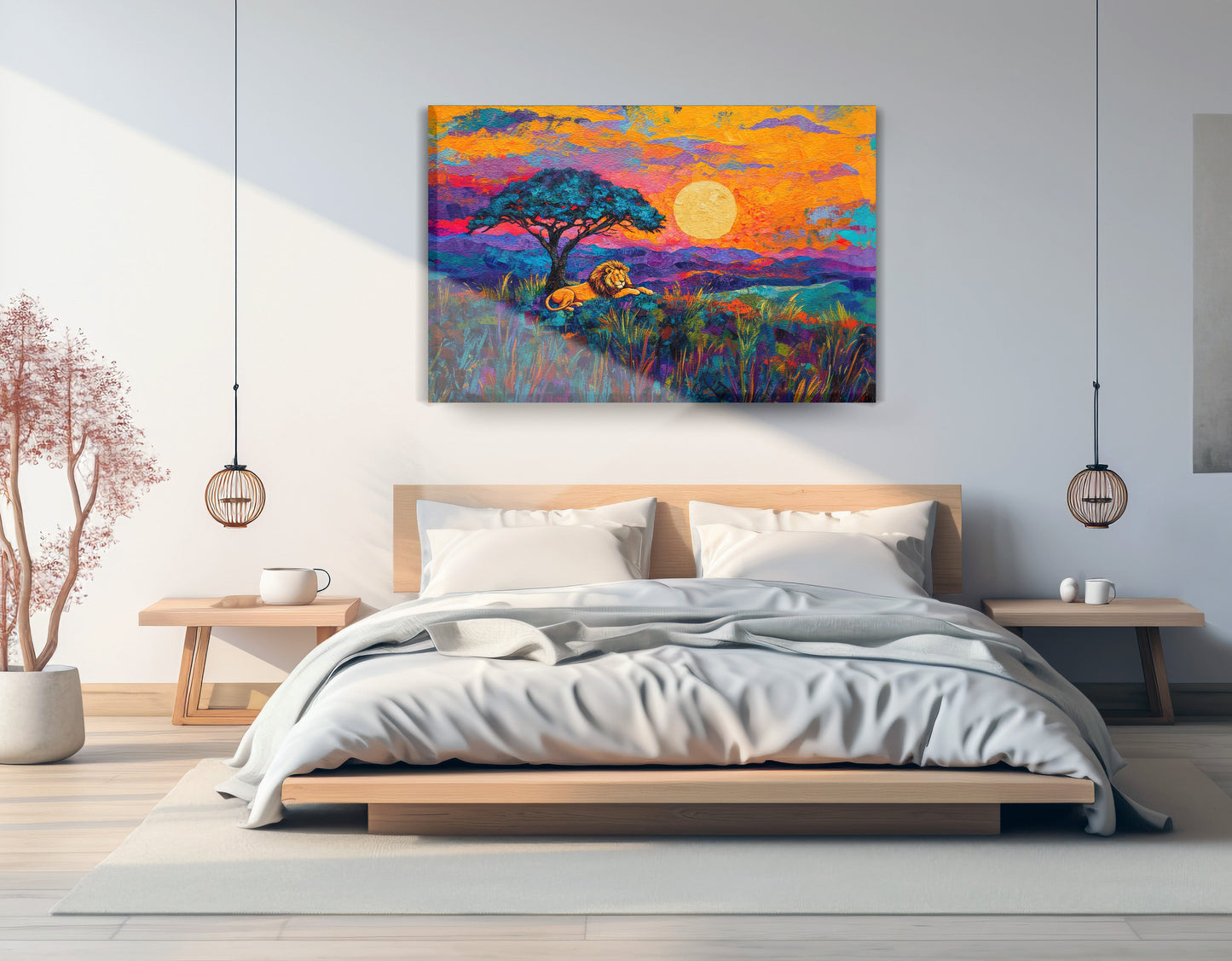 Lion Sunset Safari Black African American canvas print displayed as bedroom wall decor