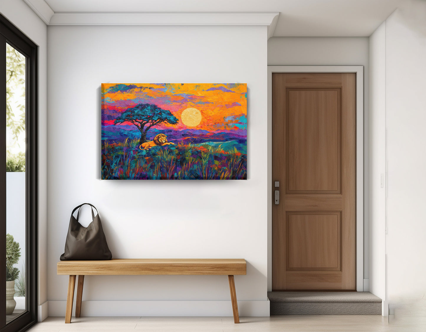 Lion Sunset Safari Black African American canvas print displayed as entryway wall decor