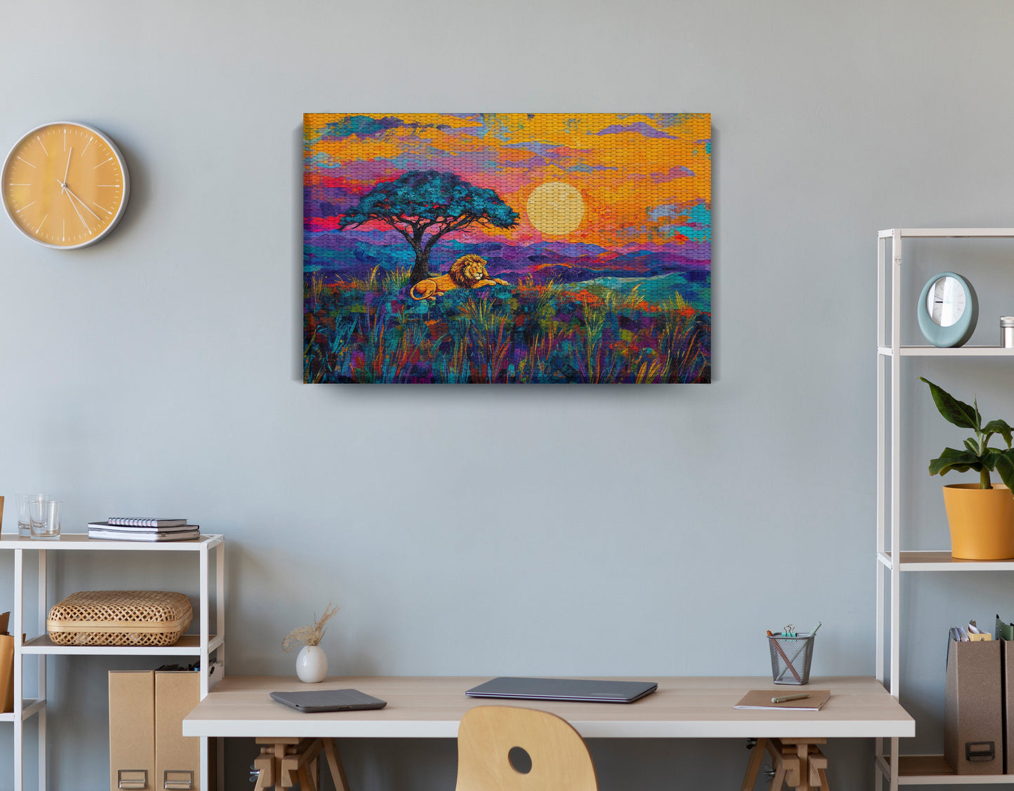 Lion Sunset Safari Black African American canvas print displayed as office wall decor