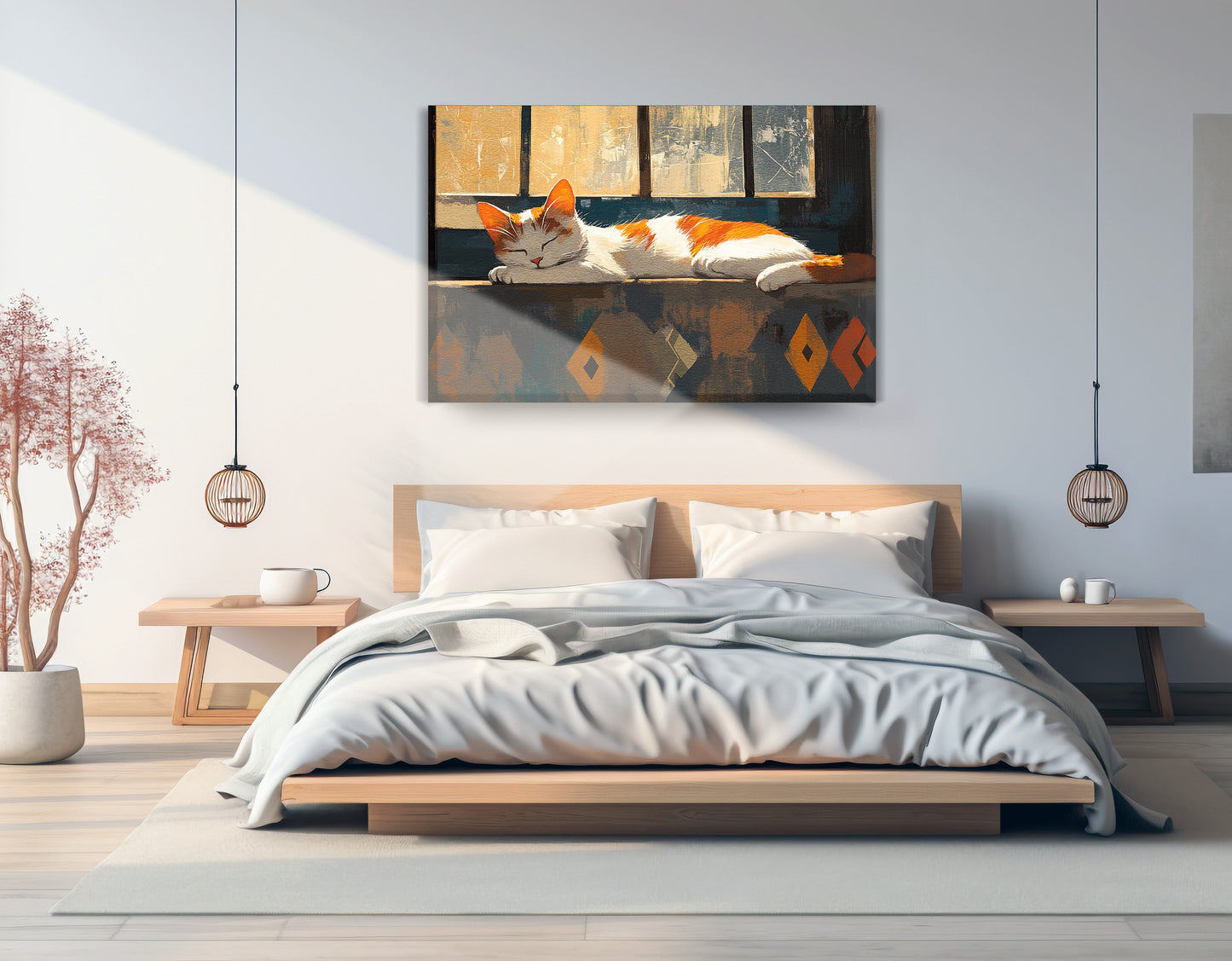 Sleeping Cat Window African American canvas print displayed as bedroom wall decor