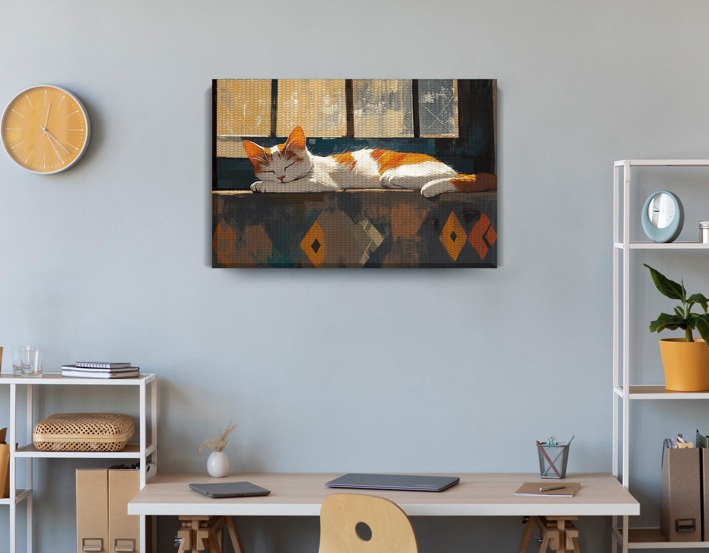 Sleeping Cat Window African American canvas print displayed as office wall decor