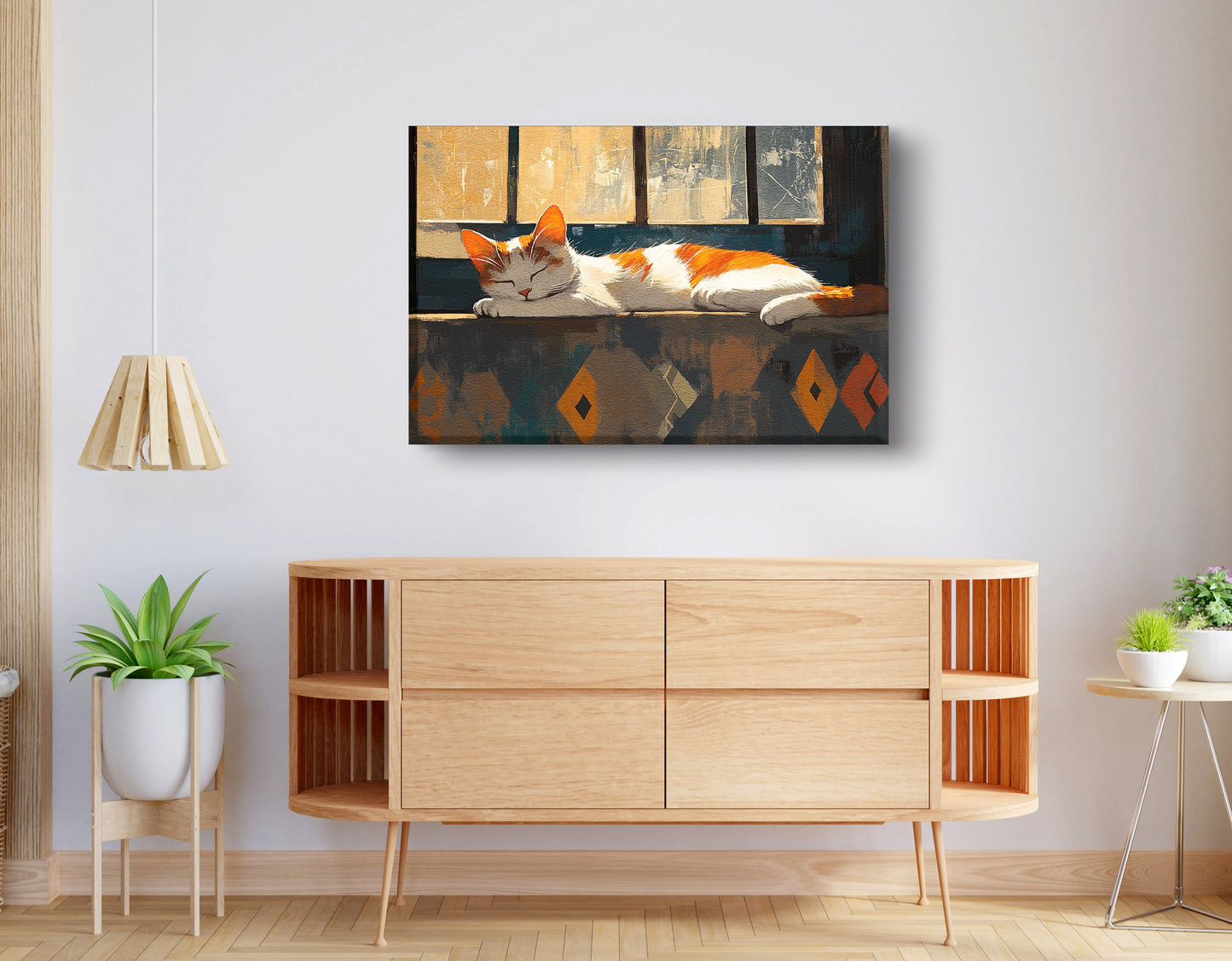 Sleeping Cat Window African American canvas print displayed as living room wall decor