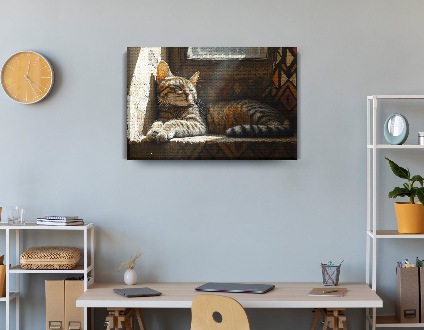 Tabby Cat Window African American canvas print displayed as office wall decor