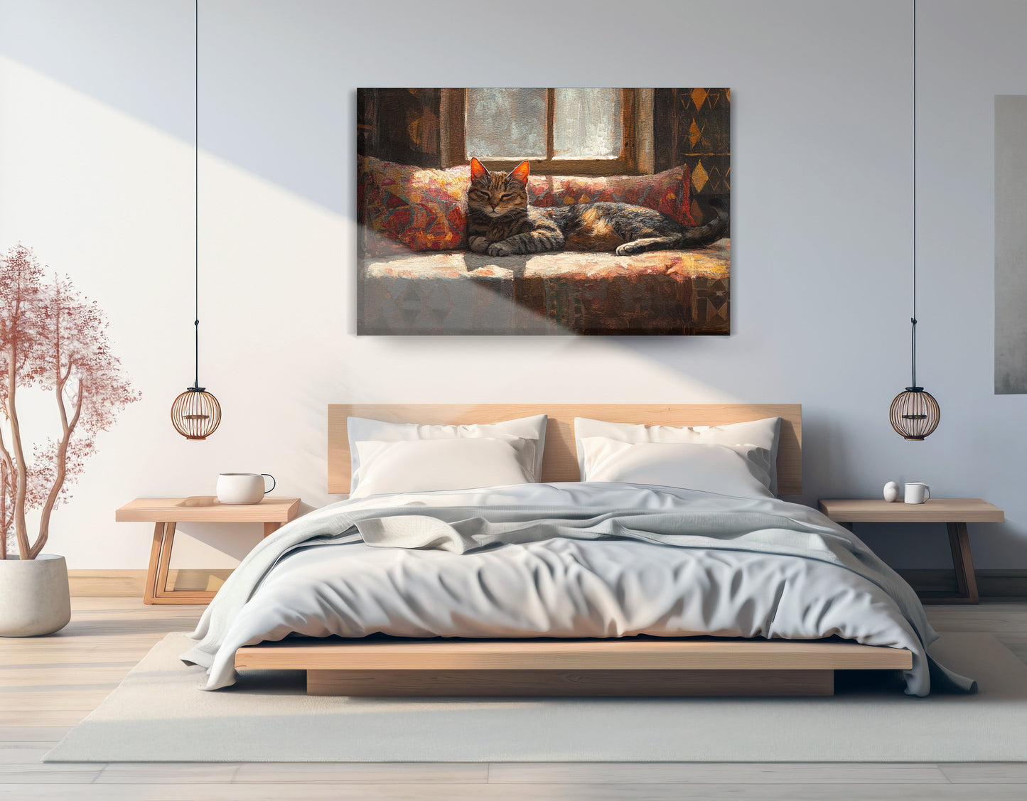 Tabby Cat Cozy Couch African American canvas print displayed as bedroom wall decor