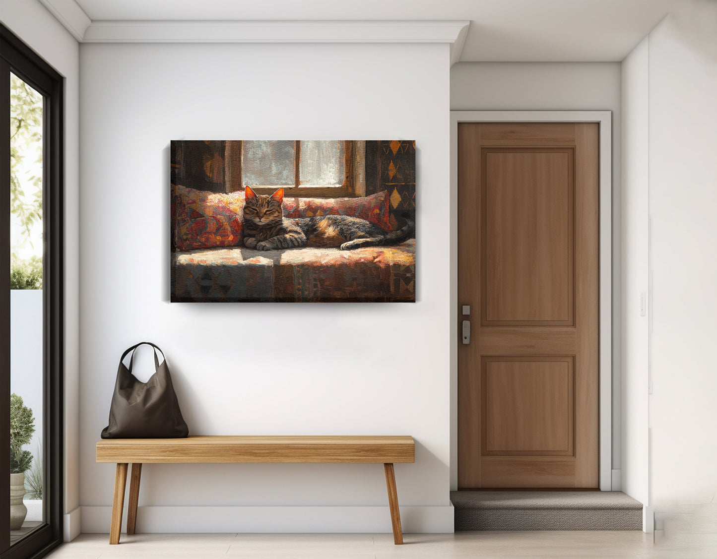 Tabby Cat Cozy Couch African American canvas print displayed as entryway wall decor