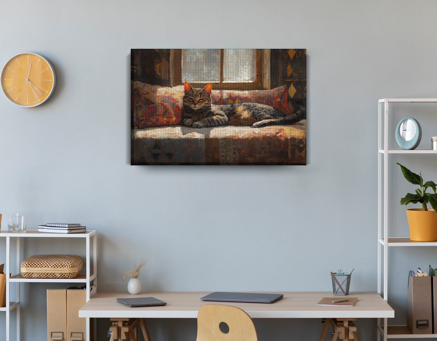 Tabby Cat Cozy Couch African American canvas print displayed as office wall decor