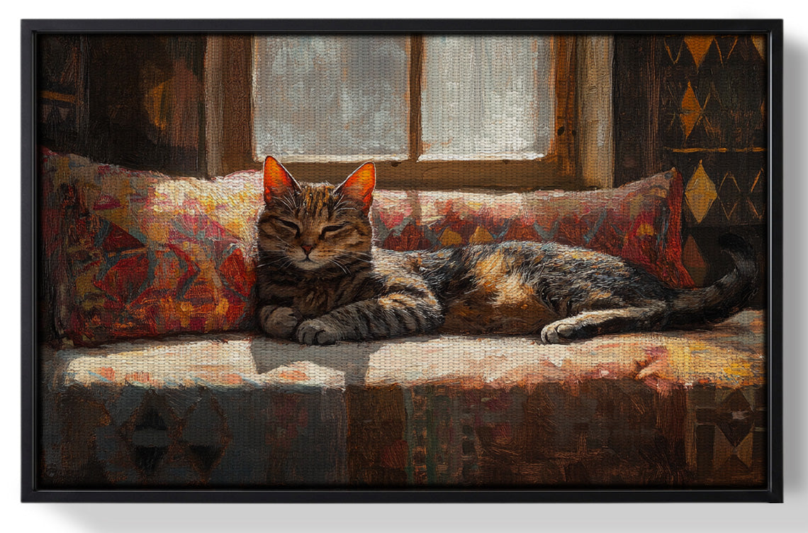 Framed Tabby Cat Cozy Couch African American canvas print for home decor