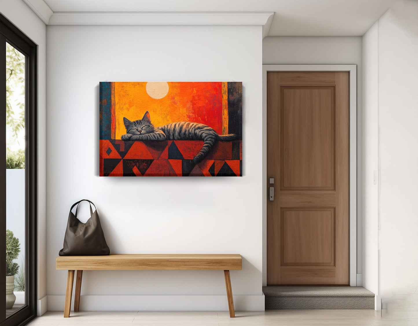 Sleeping Cat Sunset African American canvas print displayed as entryway wall decor