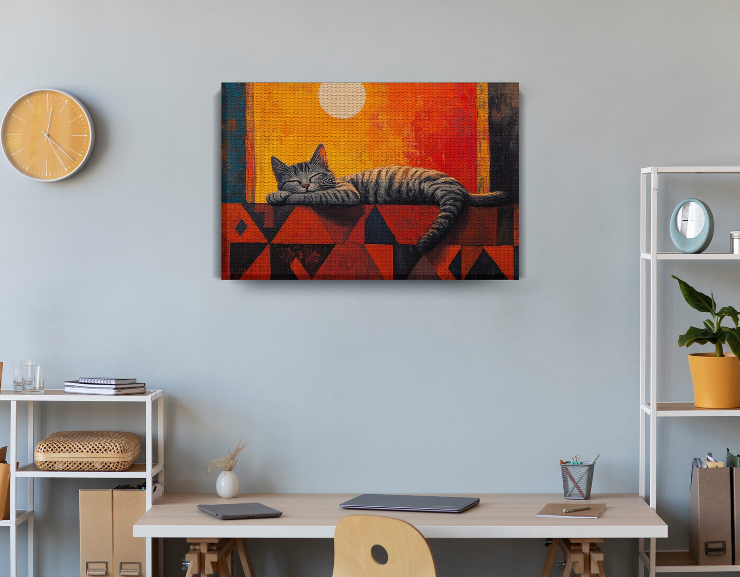 Sleeping Cat Sunset African American canvas print displayed as office wall decor