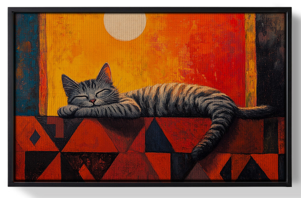 Framed Sleeping Cat Sunset African American canvas print for home decor