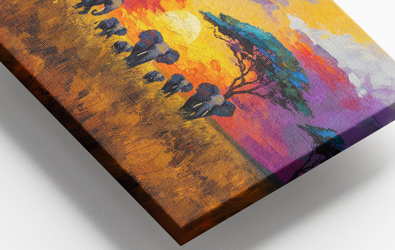 Close-up of Elephant Herd Sunset African American canvas print detail