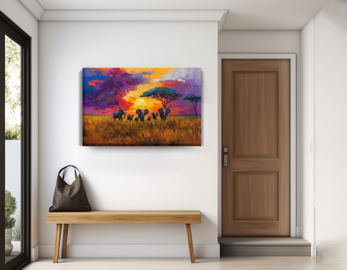 Elephant Herd Sunset African American canvas print displayed as entryway wall decor