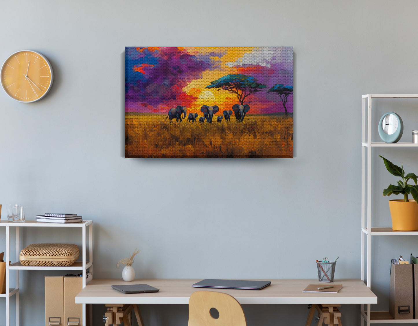 Elephant Herd Sunset African American canvas print displayed as office wall decor