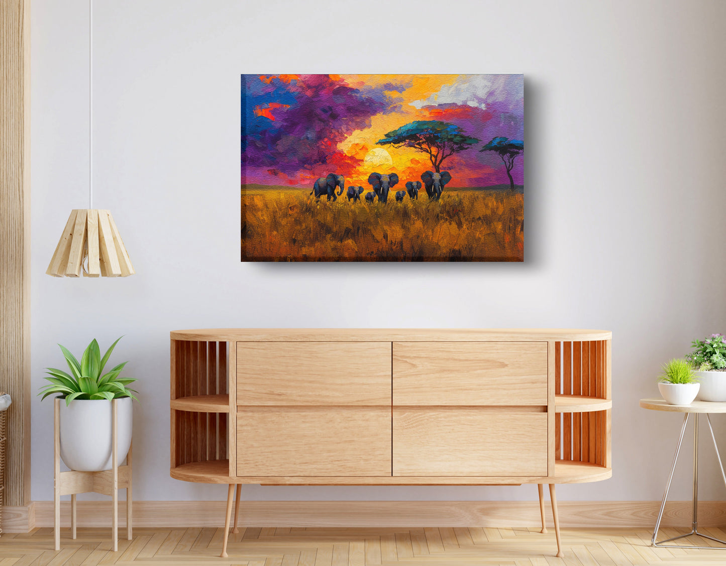 Elephant Herd Sunset African American canvas print displayed as living room wall decor