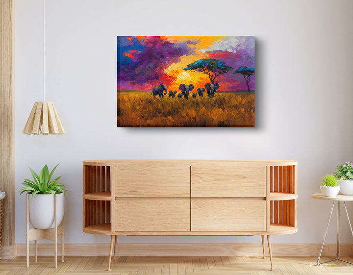 Elephant Herd Sunset African American Wall Art