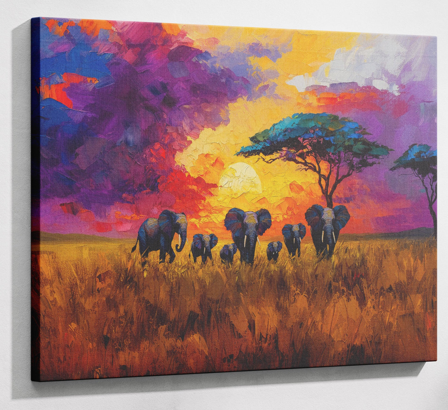 Elephant Herd Sunset African American canvas print canvas print with visible wall art format