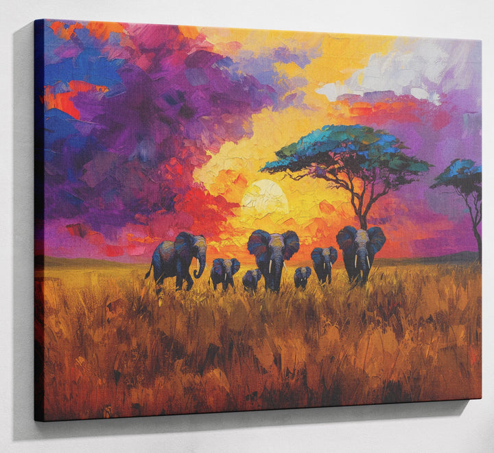 Elephant Herd Sunset African American canvas print canvas print with visible wall art format