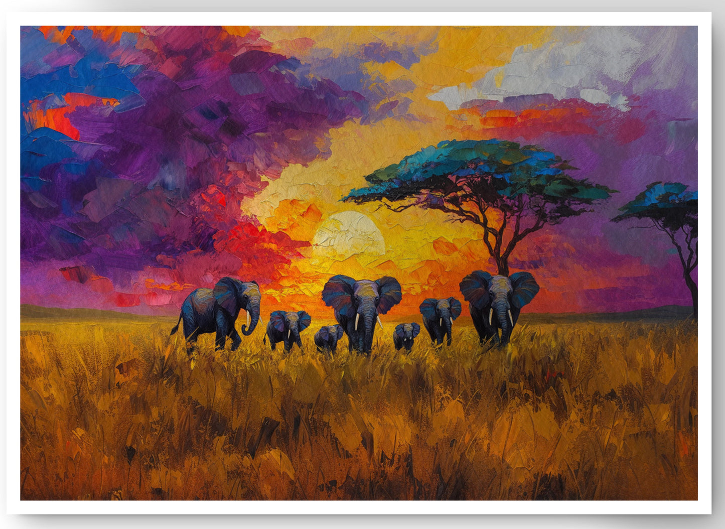 Elephant Herd Sunset African American canvas print by MoomZee Artwork