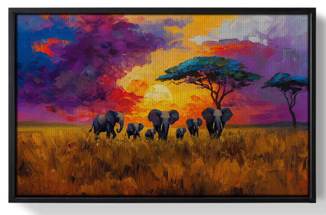 Framed Elephant Herd Sunset African American canvas print for home decor