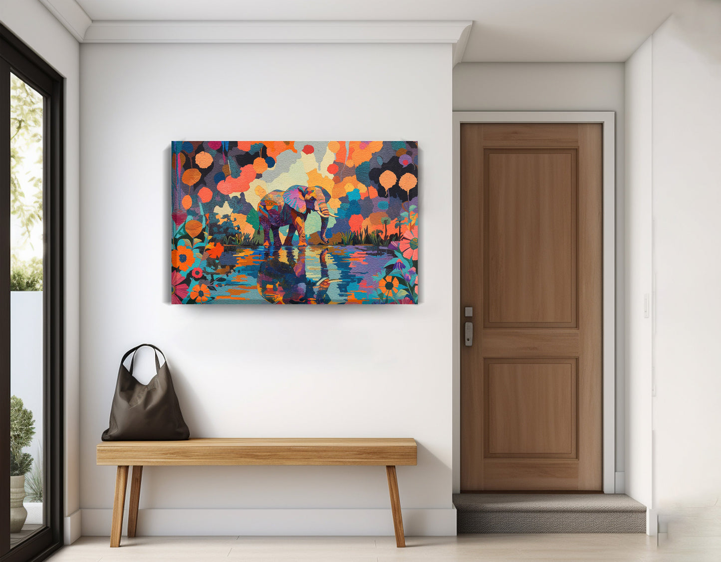 Colorful Elephant Water Reflection African American canvas print displayed as entryway wall decor