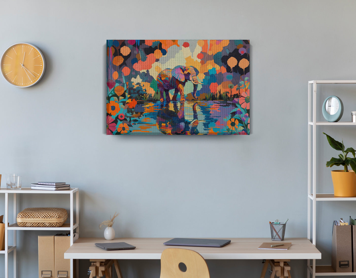 Colorful Elephant Water Reflection African American canvas print displayed as office wall decor