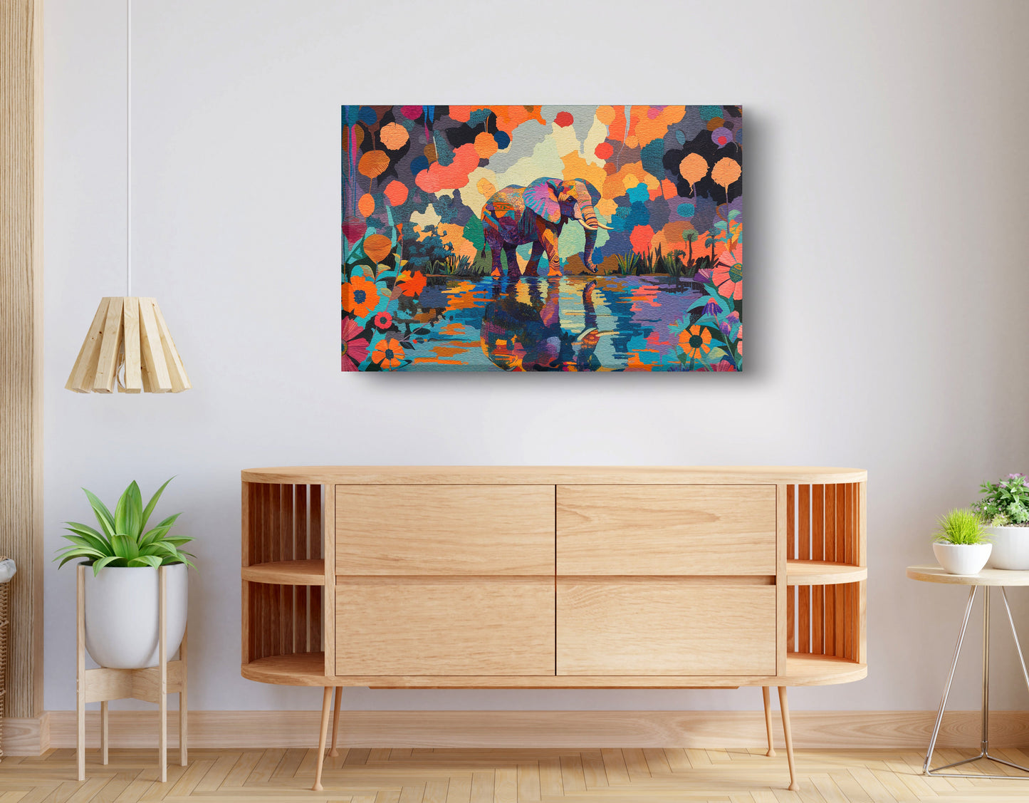 Colorful Elephant Water Reflection African American canvas print displayed as living room wall decor
