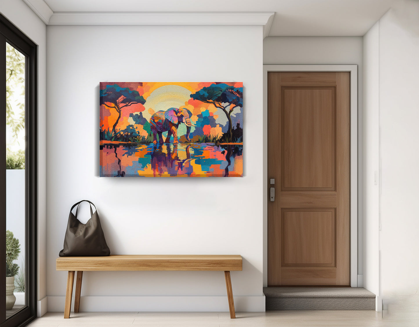 Elephant Sunset Reflection African American canvas print displayed as entryway wall decor