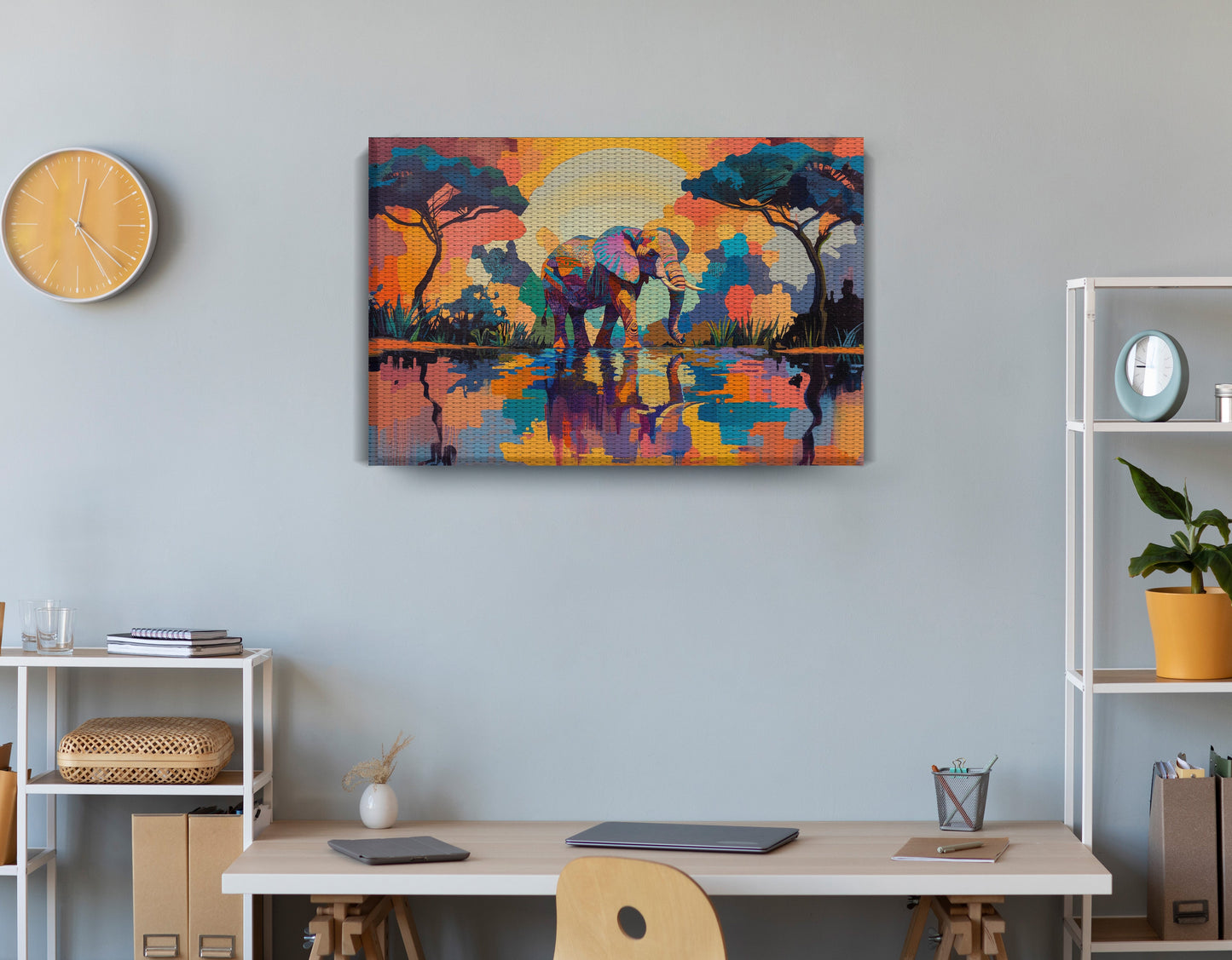 Elephant Sunset Reflection African American canvas print displayed as office wall decor
