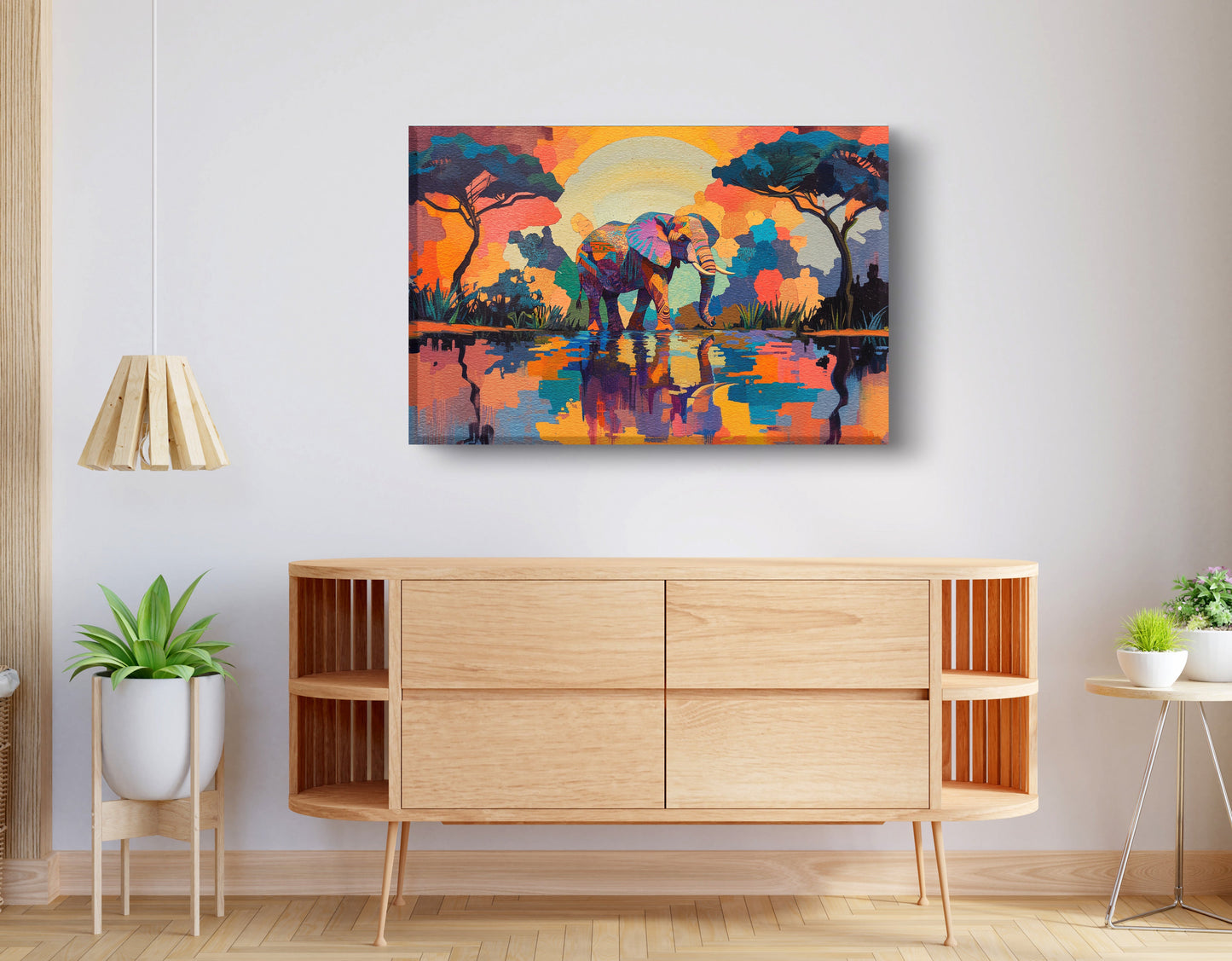Elephant Sunset Reflection African American canvas print displayed as living room wall decor