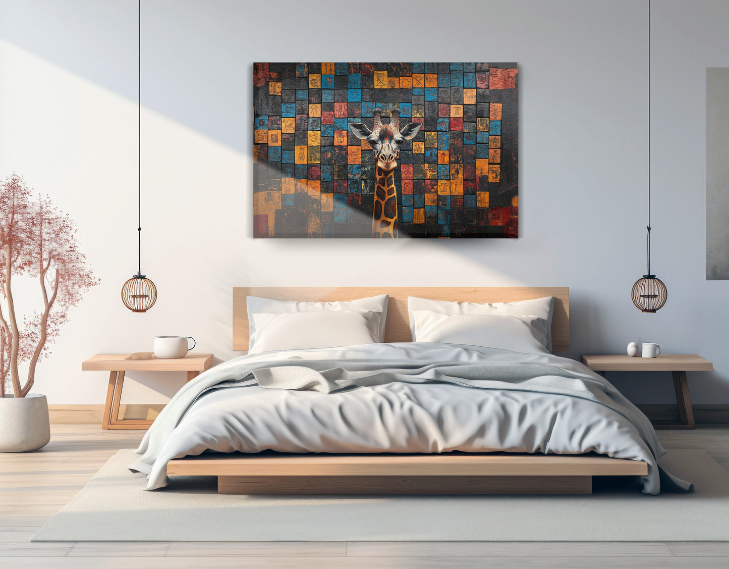 Blue Mosaic Giraffe African American canvas print displayed as bedroom wall decor