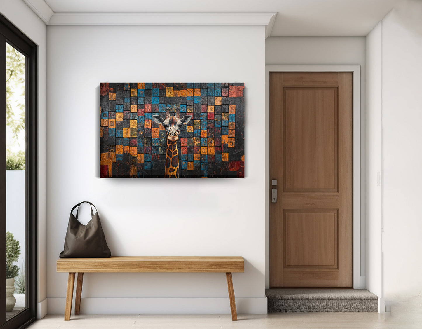 Blue Mosaic Giraffe African American canvas print displayed as entryway wall decor