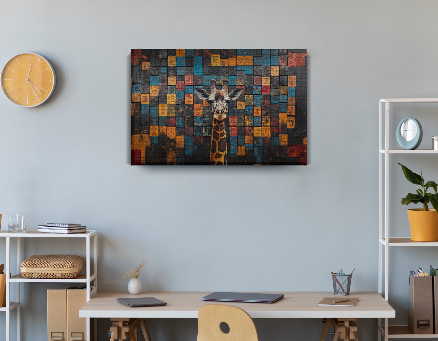 Blue Mosaic Giraffe African American canvas print displayed as office wall decor