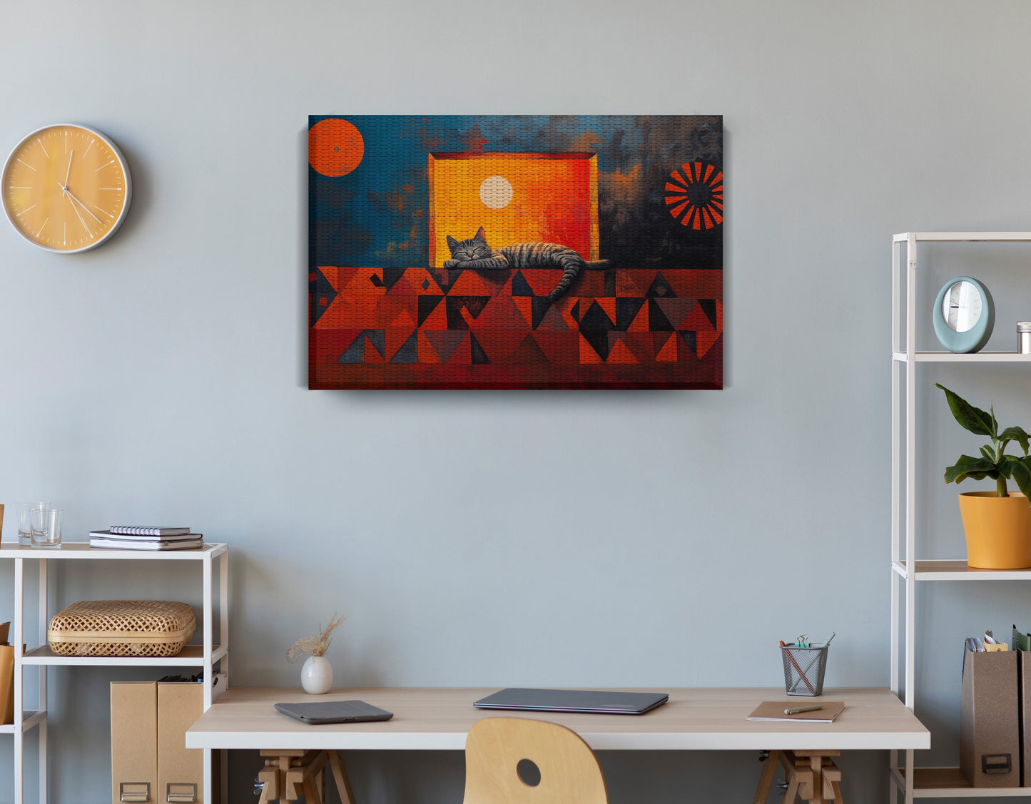 Sleeping Cat Sunset Black culture wall art displayed as office wall decor