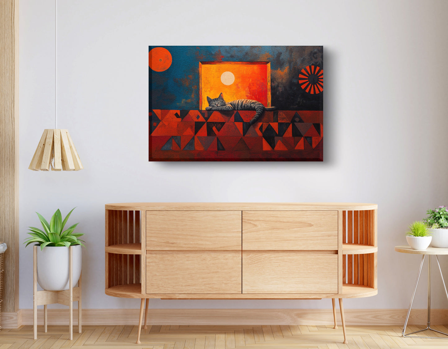 Sleeping Cat Sunset Black culture wall art displayed as living room wall decor