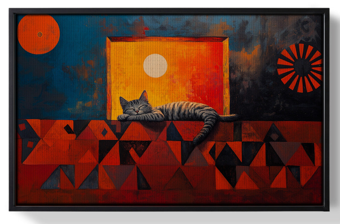 Framed Sleeping Cat Sunset Black culture wall art for home decor